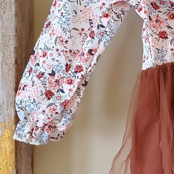 Tween Girls Floral Print Rust Tulle Dress with Woven Belt SZ 5Y - Picture 9 of 10